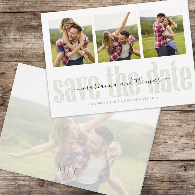 Calligraphy Vellum Script Snyggt Multi Photo Spara Datumet (Simple multi photo save-the-date photo card with stylish calligraphy and block-style lettering. )