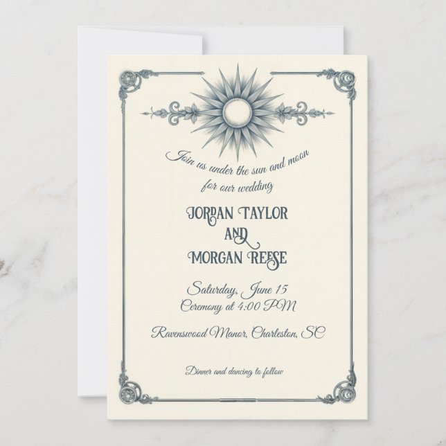 Calligraphy Vintage Blue Sol bröllopsinbjudan Inbjudningar (Framsida)