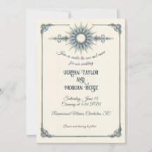 Calligraphy Vintage Blue Sol bröllopsinbjudan