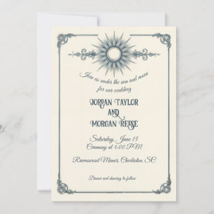 Calligraphy Vintage Blue Sol bröllopsinbjudan Inbjudningar