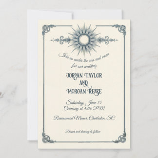 Calligraphy Vintage Blue Sol bröllopsinbjudan Inbjudningar