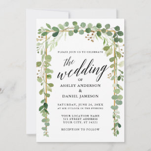 Calligraphy Watercolor Botanical Guld Bröllop Inbjudningar