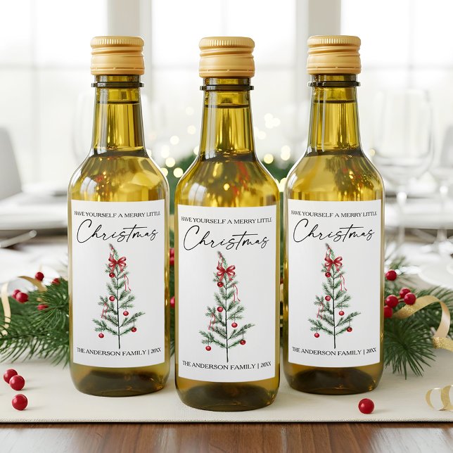Calligraphy Watercolor Christmas Tree Red Bow Mini Vinetikett (Customize to change your personalized text size or text style.)