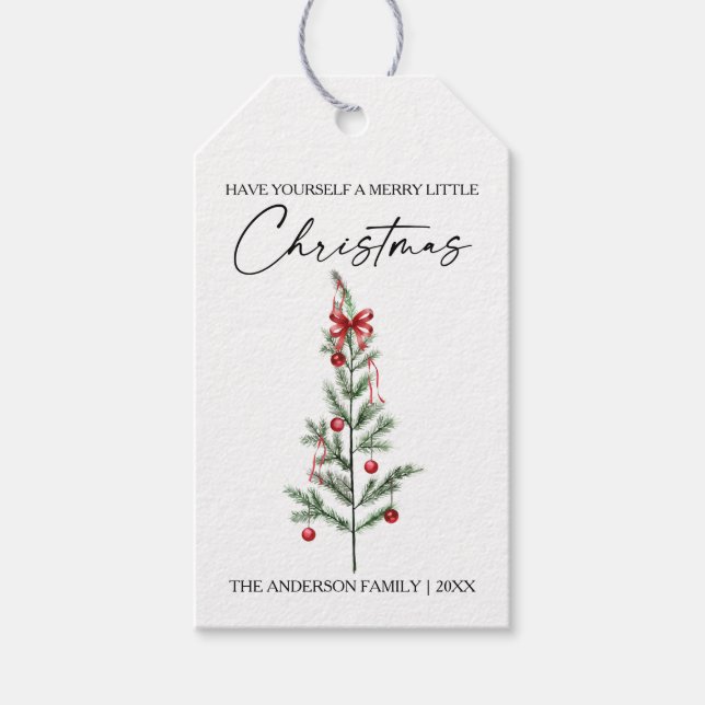 Calligraphy Watercolor Christmas Tree Red Bow Presentetikett (Framsidan)
