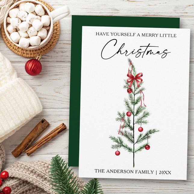 Calligraphy Watercolor Christmas Tree with Red Bow Julkort (Customize to change your personalized text size or text style.)