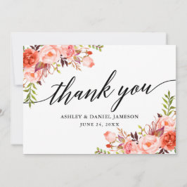 Calligraphy Watercolor Coral Blommigt Bröllop Tack Kort