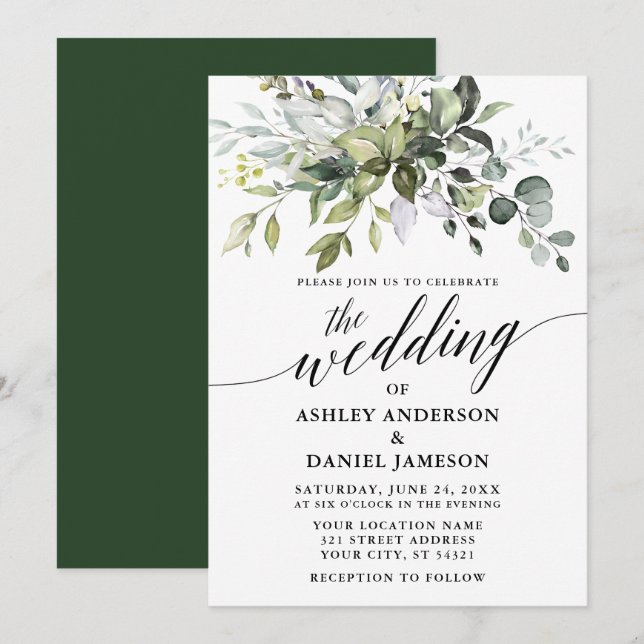 Calligraphy Watercolor Greenery Bröllop Inbjudningar (Fram/baksida)