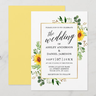 Calligraphy Watercolor Greenery Sunwers Bröllop Inbjudningar