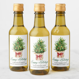 Calligraphy Watercolor Pine Red Bow Holiday Mini Vinetikett