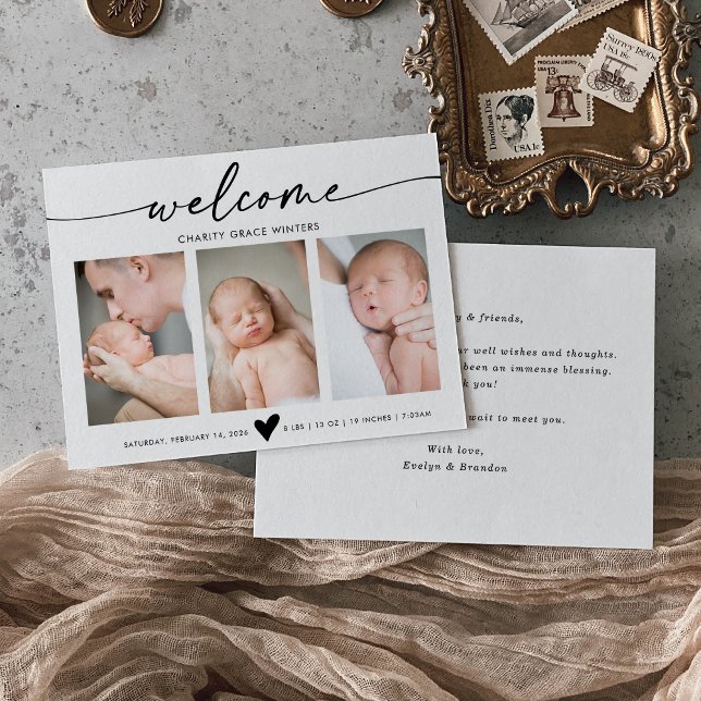 Calligraphy Welcome Photo Baby Announcement Card Tack Kort (Skapare uppladdad)