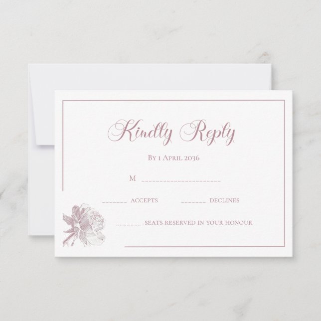 Calligraphy White Blush Pink Floral Wedding RSVP Anteckningskort (Framsida)