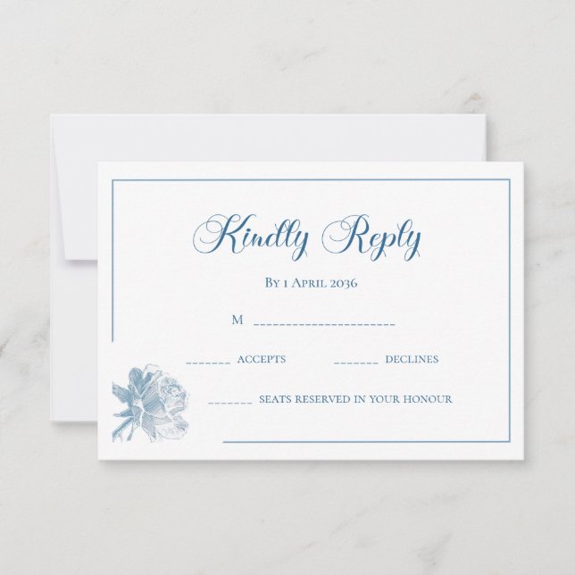 Calligraphy White Dusty Blue Floral RSVP Wedding Anteckningskort (Framsida)
