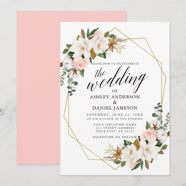 Calligraphy White Magnolias Ro Bröllop Guld Inbjudningar (Fram/baksida)