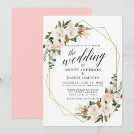 Calligraphy White Magnolias Ro Bröllop Guld Inbjudningar