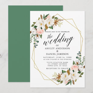 Calligraphy White Magnolias Ro Guld Bröllop Inbjudningar