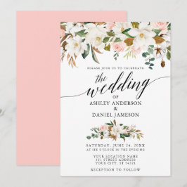 Calligraphy White Magnolias Rosa ros Bröllop Inbjudningar