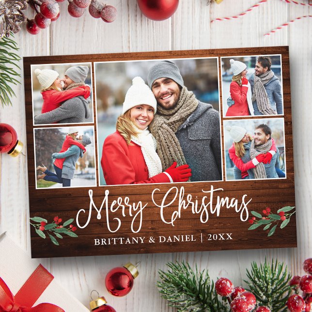 Calligraphy Wood Holly 5 Photo Couple jul Vykort (Customize to change your personalized text size or text style.)