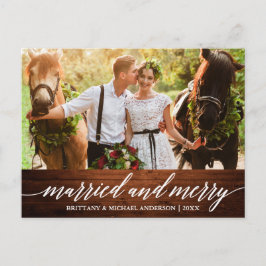 Calligraphy Wood Married and Merry Bröllop Photo Vykort