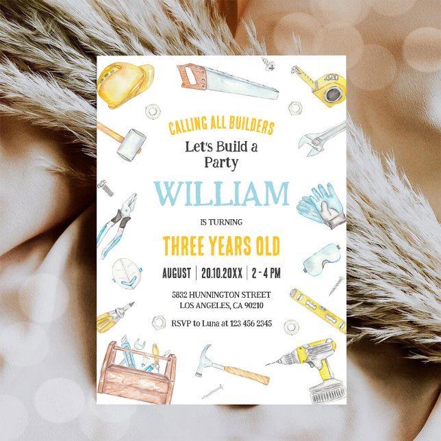 Calling All Builders Kids Boy Birthday Invitation Inbjudningar (Skapare uppladdad)