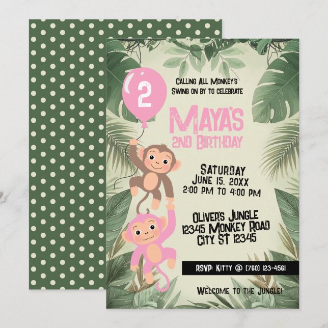 Calling All Monkeys 2nd Birthday Invitation (pink) Inbjudningar (Fram/baksida)