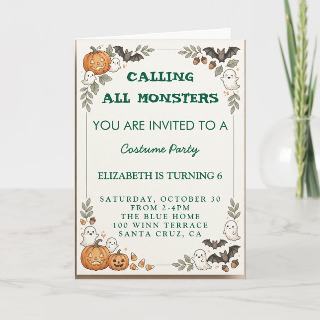 Calling All Monsters Barn Halloween Födelsedagsdrä Inbjudan (Framsida)