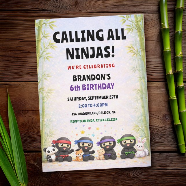 Calling All Ninjas Färgglada Stjärnor Barnkalas Inbjudningar (Skapare uppladdad)