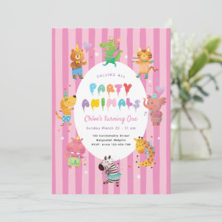 Calling All Party Animals, Cute Animals Girls Pink Inbjudningar
