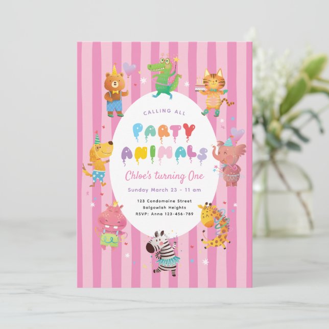 Calling All Party Animals, Cute Animals Girls Pink Inbjudningar (Stående Fram)