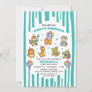 Calling All Party Animals Cute Kids' 1st Birthday  Inbjudningar