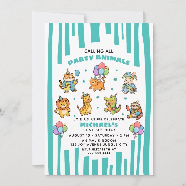 Calling All Party Animals Cute Kids' 1st Birthday  Inbjudningar (Framsida)