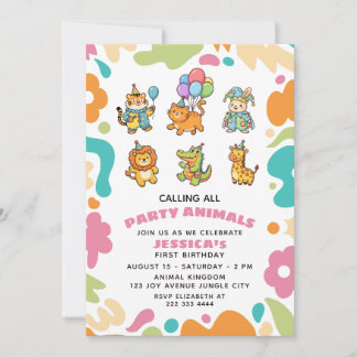 Calling All Party Animals Floral Kids 1st Birthday Inbjudningar