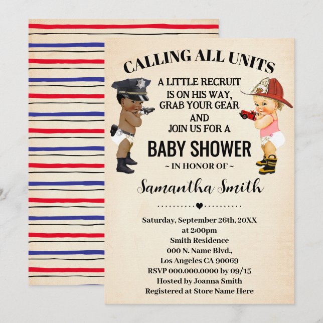 Calling All Units Police Firefighter Baby Shower Inbjudningar (Fram/baksida)