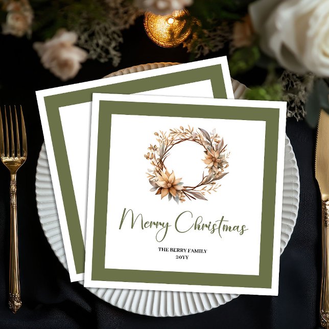 Calm Earthy Christmas Wreath Personalized Napkins Pappersservett (Calm Earthy Christmas Wreath Personalized Napkins)