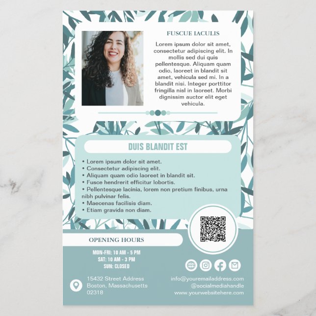 Calm Teal Leaves Wellness Promo Small Business Flygblad (Baksidan)