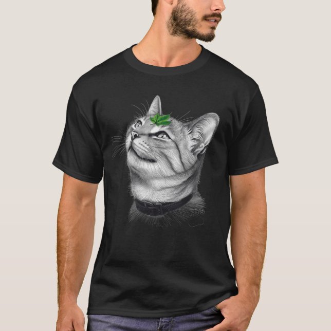 Calm White Minimal Cat Leaf Aesthetic Drawing pfp T Shirt (Framsida)