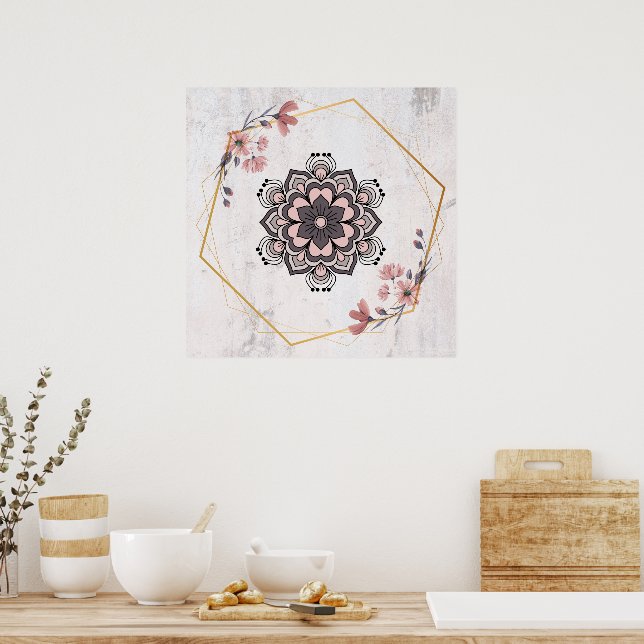 Calming Harmony, Rangoli Blommigt Art, Rosa och Gr Poster (Kök)