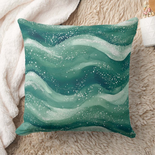 Calming Teal Watercolor Ocean Wave Art Kudde (Filt)