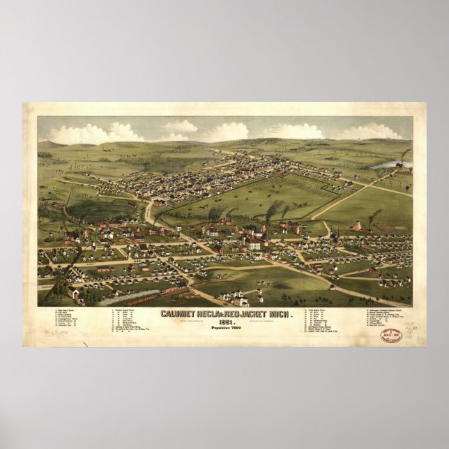 Calumet Michigan 1881 Antique Panoramic Karta Poster (Framsidan)