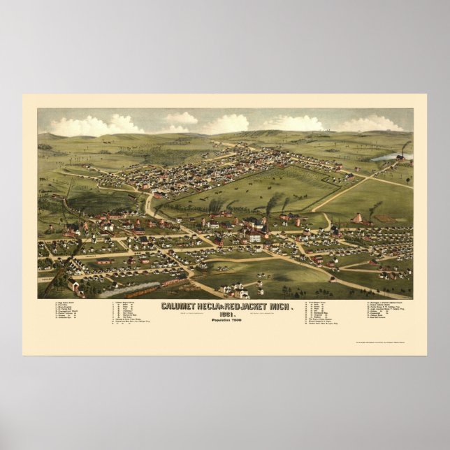 Calumet och Red Jacka, MI Panoramic Karta - 1881 Poster (Framsidan)