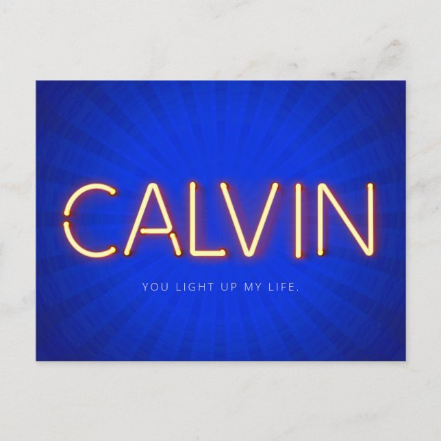 Calvin namn på det ljusnande neon ljus vykort (Framsida)