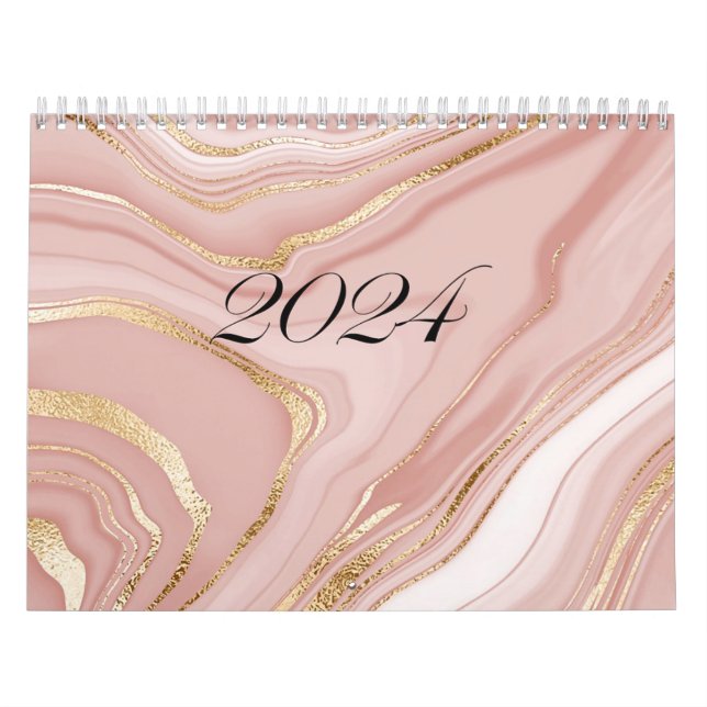 Calwndar 2024 rosa marble mönster med guld kalender (Omslag)