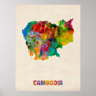 Cambodja vattenfärgkarta poster
