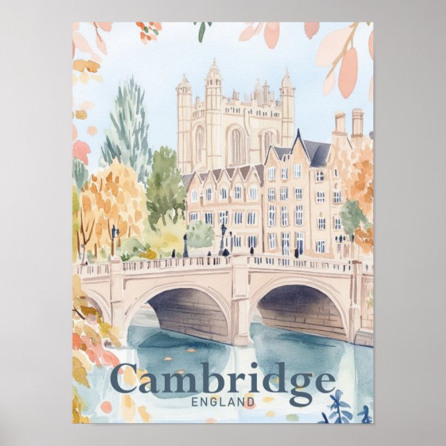Cambridge England Watercolor Travel Illustration Poster (Framsidan)