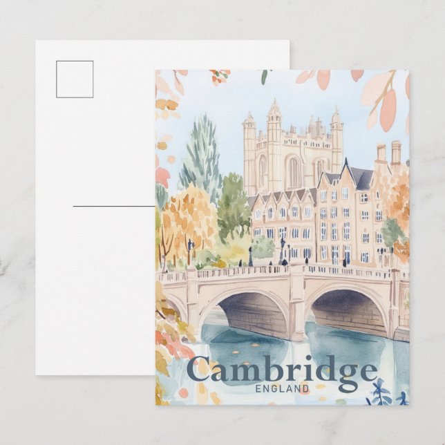 Cambridge England Watercolor Travel Illustration Vykort (Fram/baksida)