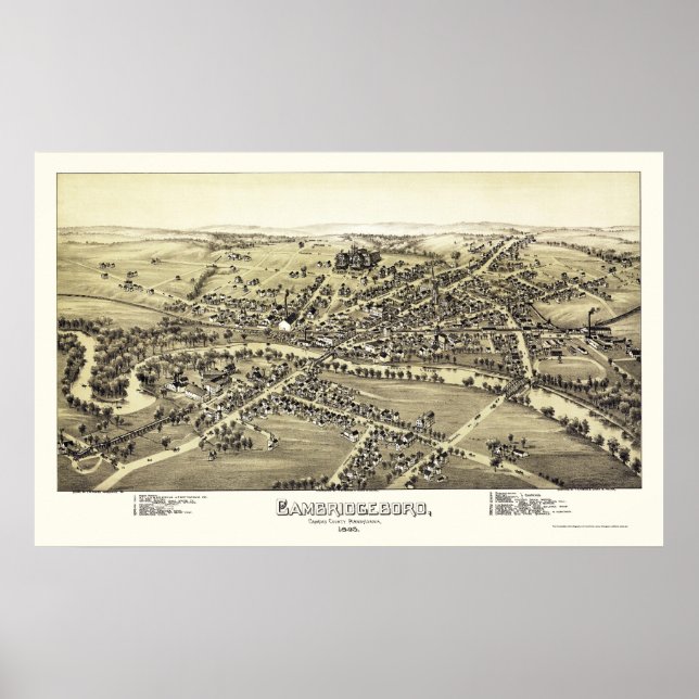 Cambridge, PA Panoramic Karta - 1895 Poster (Framsidan)