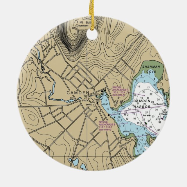 Camden Maine Nautical Diagram Julgransprydnad Keramik (Baksidan)