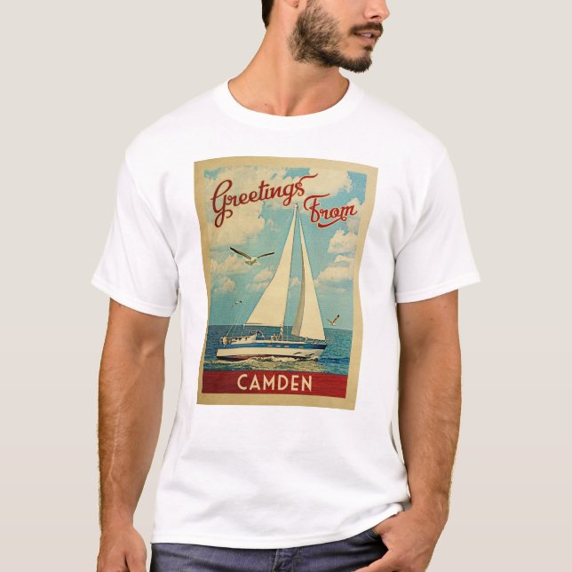 Camden Sailboat Vintage resor Maine T Shirt (Framsida)