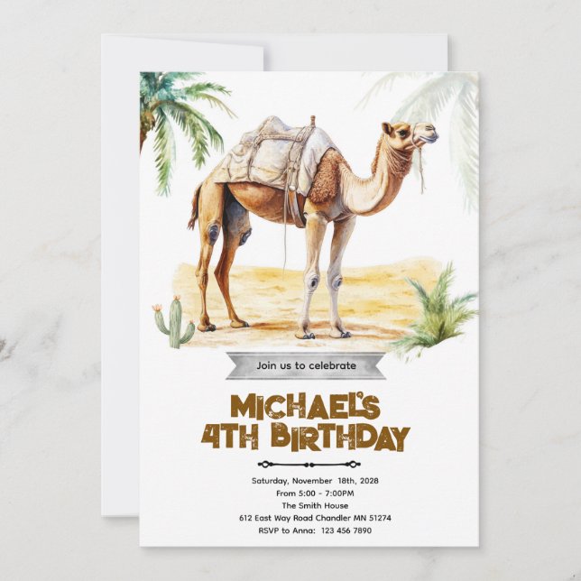 Camel birthday party invitation inbjudningar (Framsida)