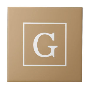 Camel Brown White Framed Monogram Kakelplatta