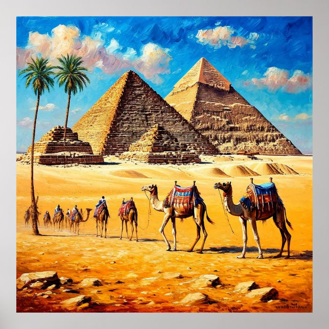 Camel Caravan Crossing Egyptian Desert Pyramids Poster (Framsidan)
